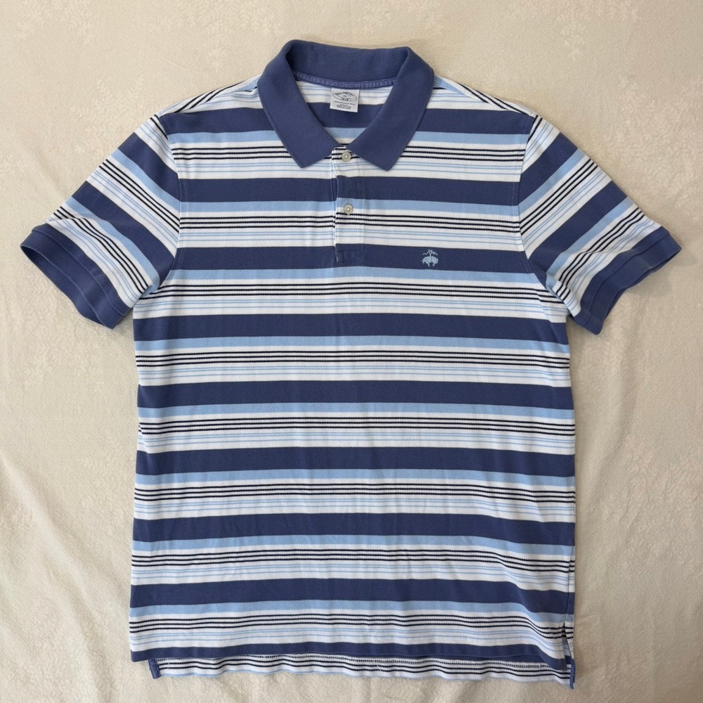 Brooks Brothers Polo Mens XL Blue Striped Performance Slim Fit Short Sleeve